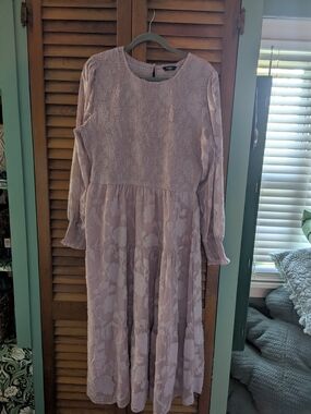 Dusty Pink Smocked Long-Sleeve Midi Dress